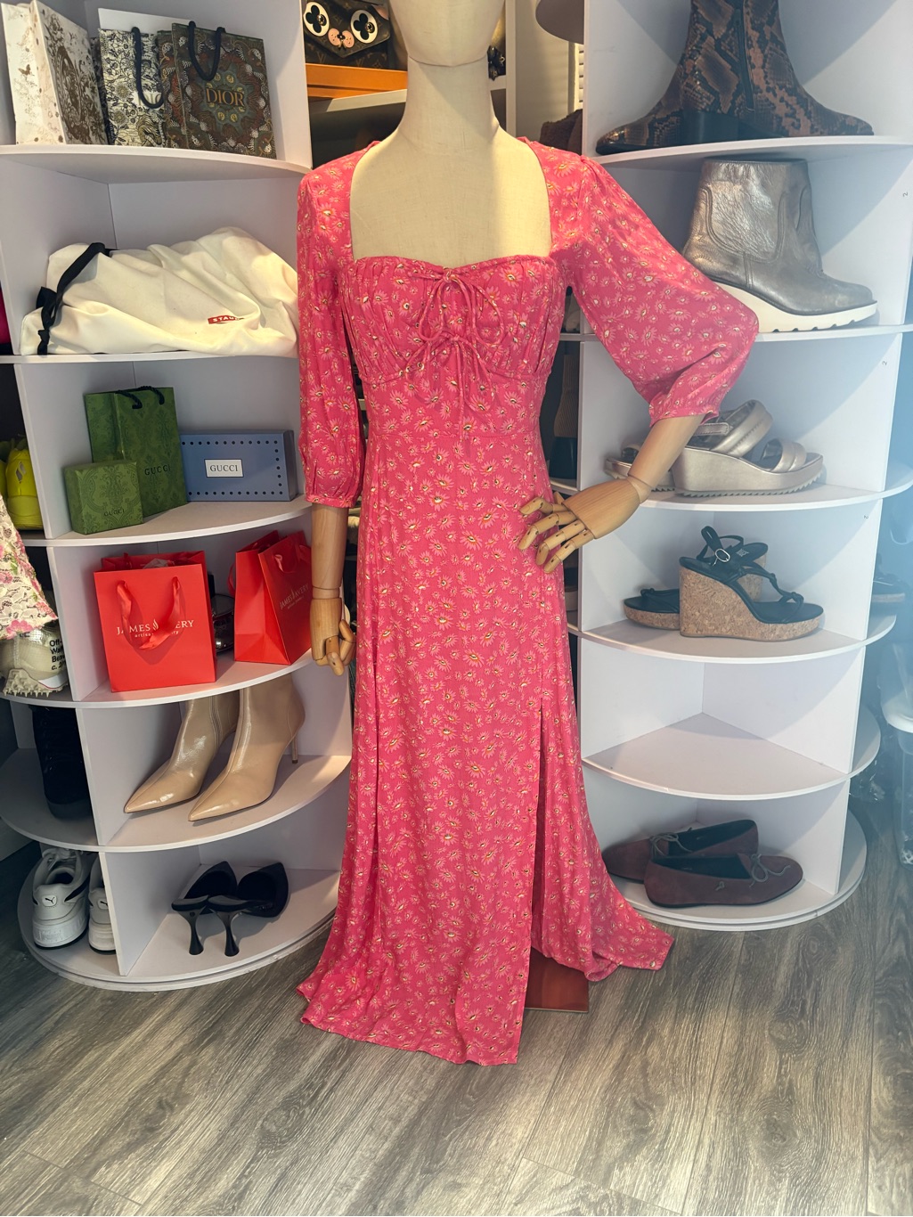 Rue Stiic Maci Split Cottagecore Midi Dress Garden Daisy Floral Pink Xxs Nwt — image 3 of 6